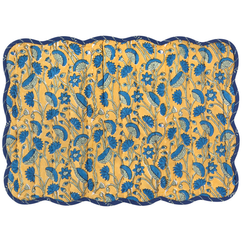 Ensemble de 6 napperons Kantha, Blue/Yellow Floral, 13" x 19"