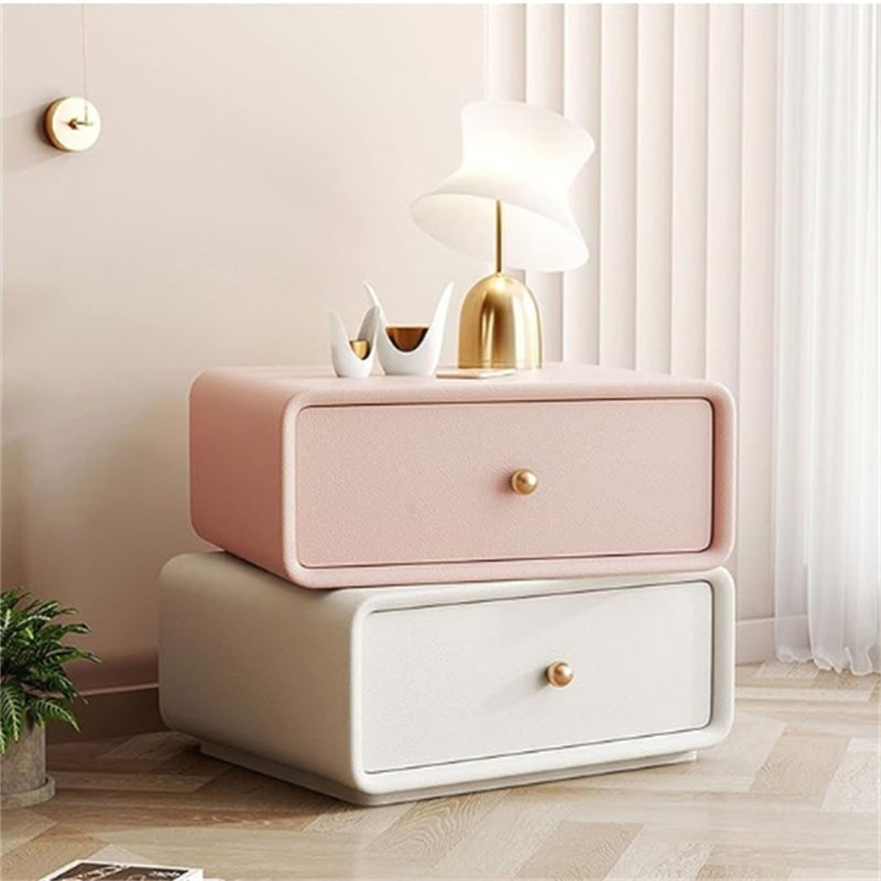Nightstand, Rotatable Sugar Cube Shape Nightstand, Solid Wood Frame Nightstand With 2 Drawers Modern Light Luxury Style