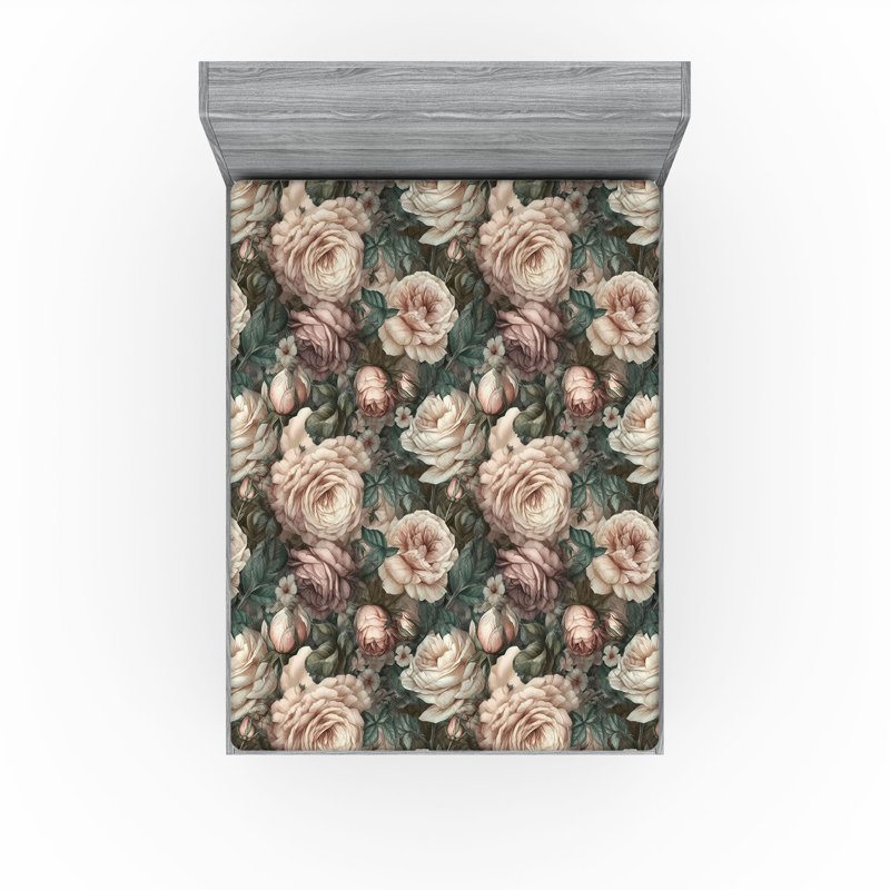 Drap-housse Ambesonne, Pêche pâle, vert jade / floral, Drap-housse très grand californien