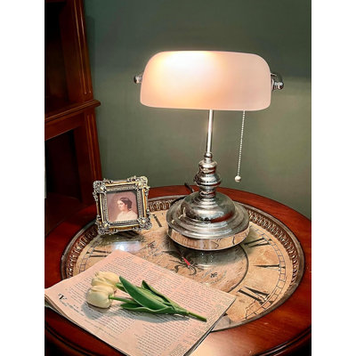 Bankers Lamp White Shade, Bankers Desk Lamp Library Lamp with Pull Chain, Vintage Desk Lamp for Office, Study Room