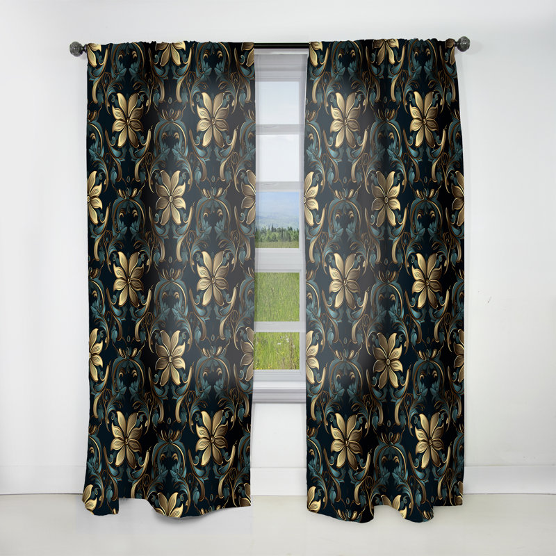 Or et bleu Luxury Damask Symphony I - Rideau damassé - Rideau damas obscurcissant - 1 panneaux, L 52 po x L 120 po