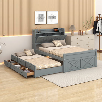 Wooden Bed With Storage Headboard With Outlets,Trundle And Drawers