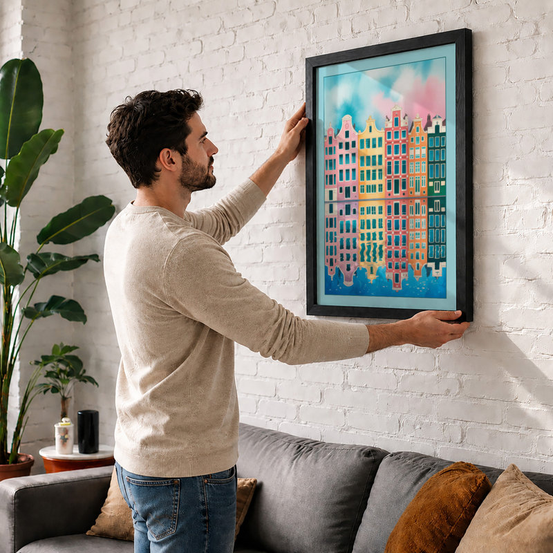 European Waterside Houses Retro - Framed Print, A4 - 29.7 x 21.0 cm, White