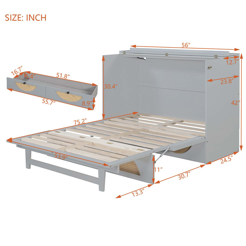 Gray Full Murphy Bed with Large Drawer and USB Ports