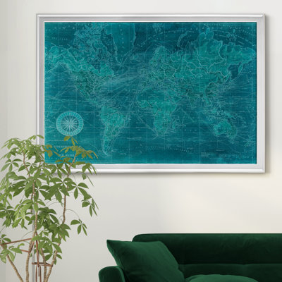 Carte du monde Azur-impression d’art graphique sur toile encadrée