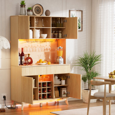 Grande armoire à vin de 70 po avec huche de rangement, bar à liqueur avec lumières colorées, 2 tiroirs et une étagère de rangement à 12 niveaux et un support à 9 verres à vin pour la cuisine de la salle à manger