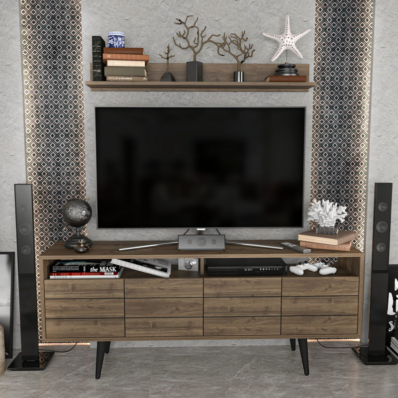 Meuble télé moderne en noyer de 63,0 po x 13,8 po x 25,4 po | 100% panneau de particules enduit de mélamine, épaisseur: 0,7 pouce | Conception élégante et fonctionnelle pour le salon, durable et facile à nettoyer, parfaite pour le divertissement à domicile