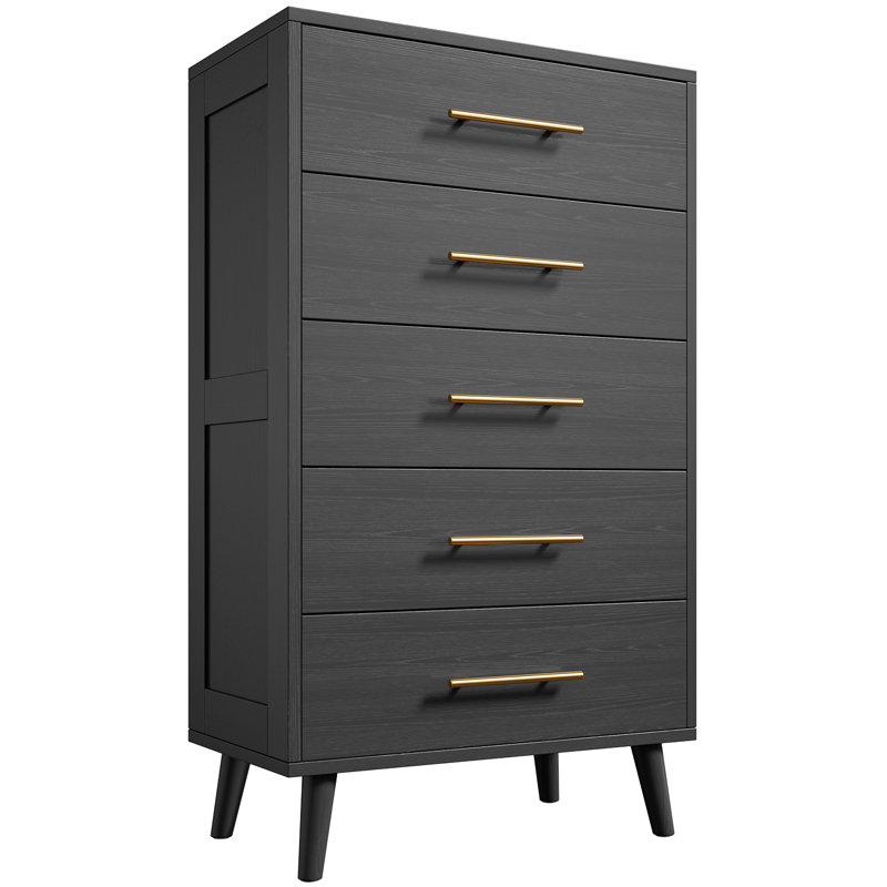 Black Tall 5-Drawer Wood Dresser with Gold Handles
