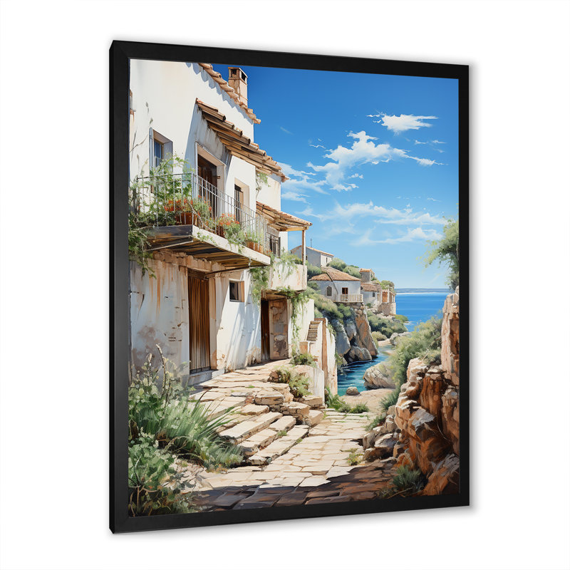 Spain Azure Coastline Village V - Spain Wall Art Living Room, H 32 po x l 16 po x P 1 po, Cadre photo noir