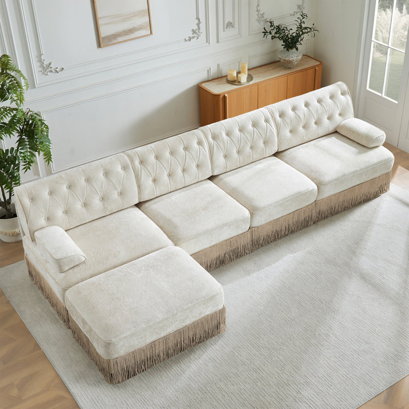 Velours beige en forme de L avec jupe à pampille, 4 sièges, combinaison, convient au salon - siège en forme de 135 po, style ergonomique