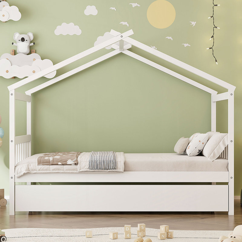 Lit en bois avec lit gigogne simple, Blanc
