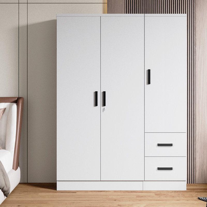 Armoire-penderie en bois 2 tiroirs 3 portes, Blanc
