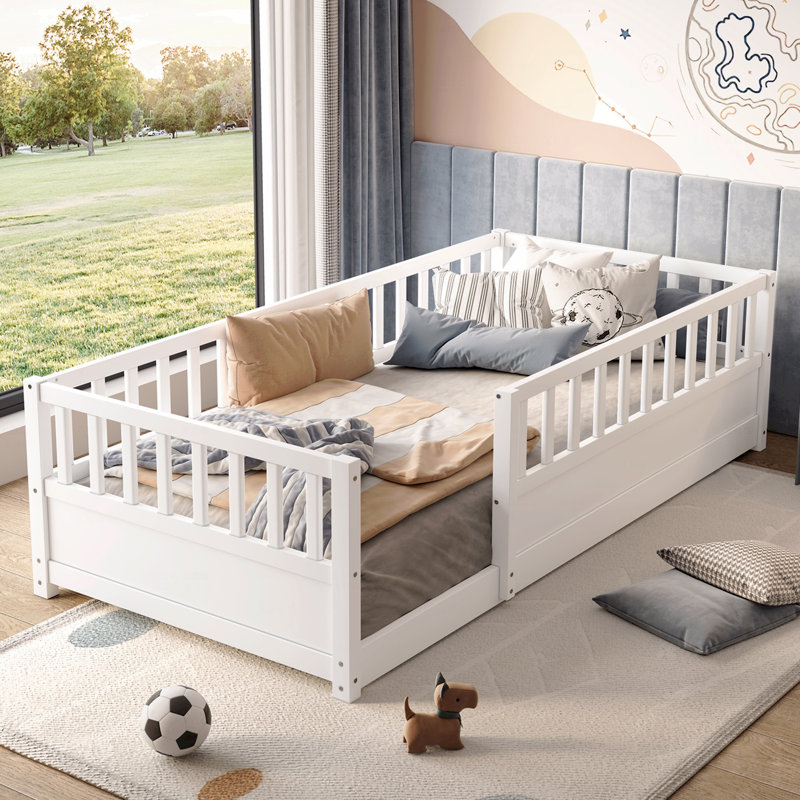Twin Size Floor Bed, Integral Construction With High Security Barrier, Door, Children's Floor Bed Frame, Montessori Wooden Children's Floor Bed
