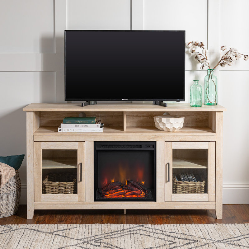 Unfinished TV Stand for TVs up to 65" with Fireplace Included, White Oak