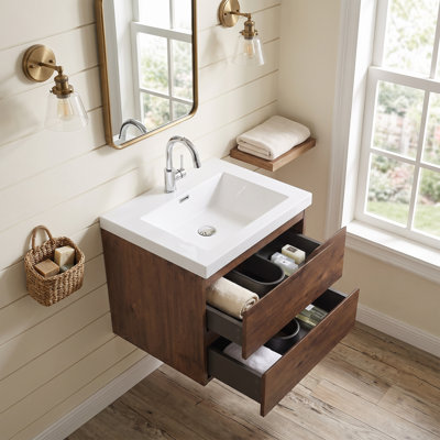 Meuble-lavabo mural en mélamine de 61 cm (24 po), aspect bois de rose, résistant à l'usure et aux égratignures, surface non poreuse et facile à nettoyer, préassemblé