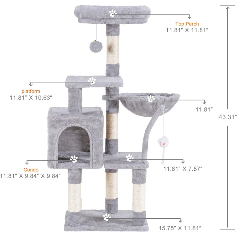 Light Gray 43.3" Cat Tree with Sisal Scratching Posts
