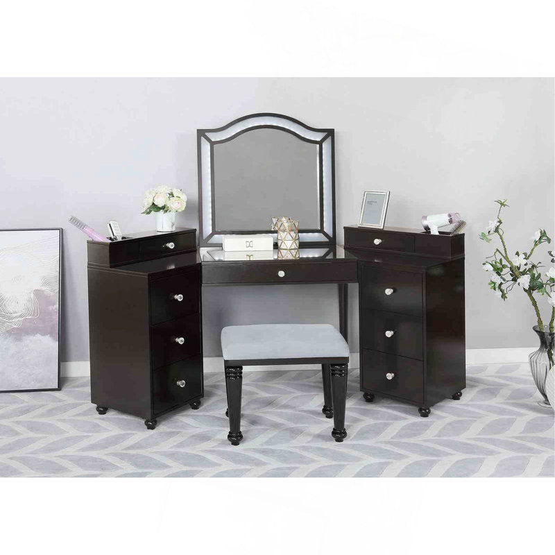 Glam Style 1pc Vanity w/ Stool Set 8mm Glass Top Storage Drawers LED On Mirror Obsidian Gray Finish Bedroom Furniture