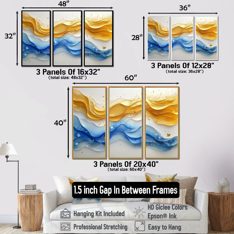 «Blue Yellow Dream Lines I», art mural vagues pour le salon, ensemble de 3, H 40 po x l 60 po, Brun