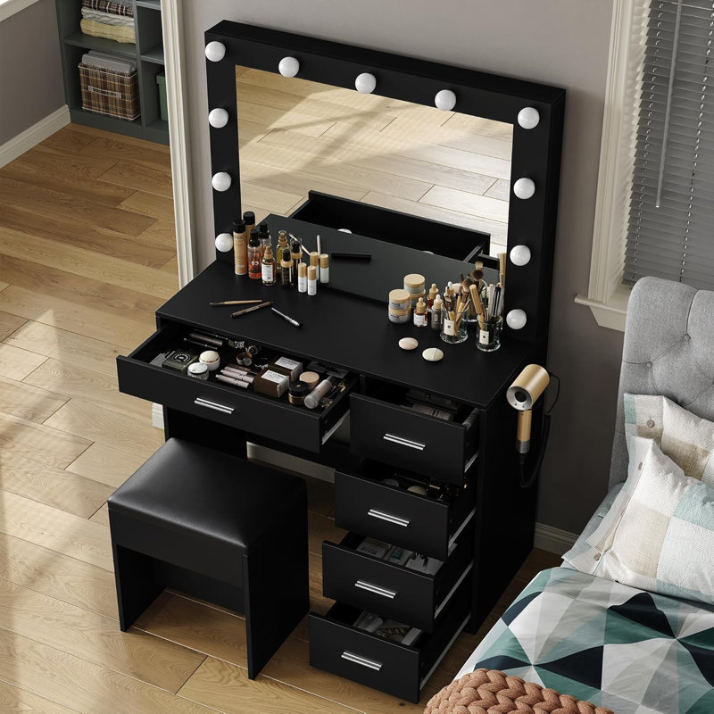 Dressing Table With Mirror And LED Lights, Power Outlet And USB, 3 Ligshting Modes, 5 Drawers, Stool, Black
