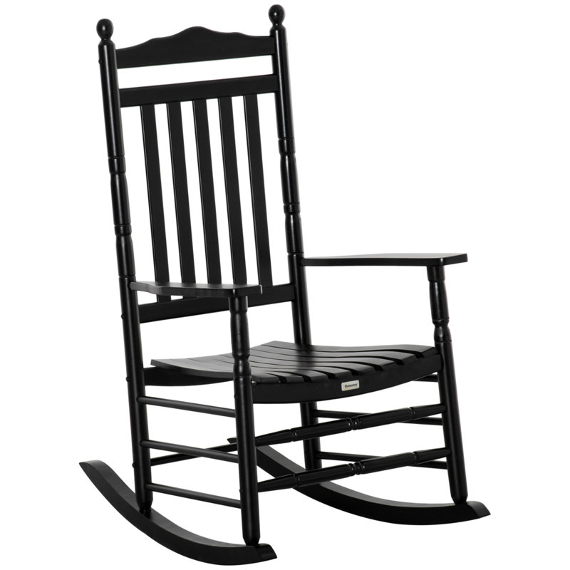 Outsunny Traditional Wooden High-Back Rocking Chair For Porch, Indoor/Outdoor, Black