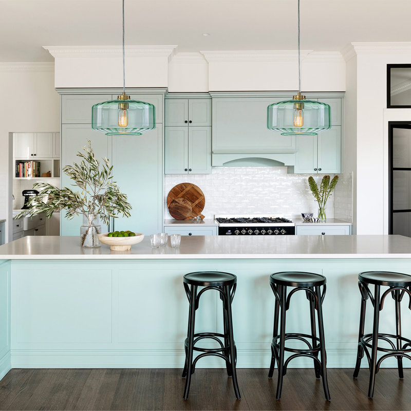 1-Light Green Pendant with Drum Glass Shade for Kitchen Island