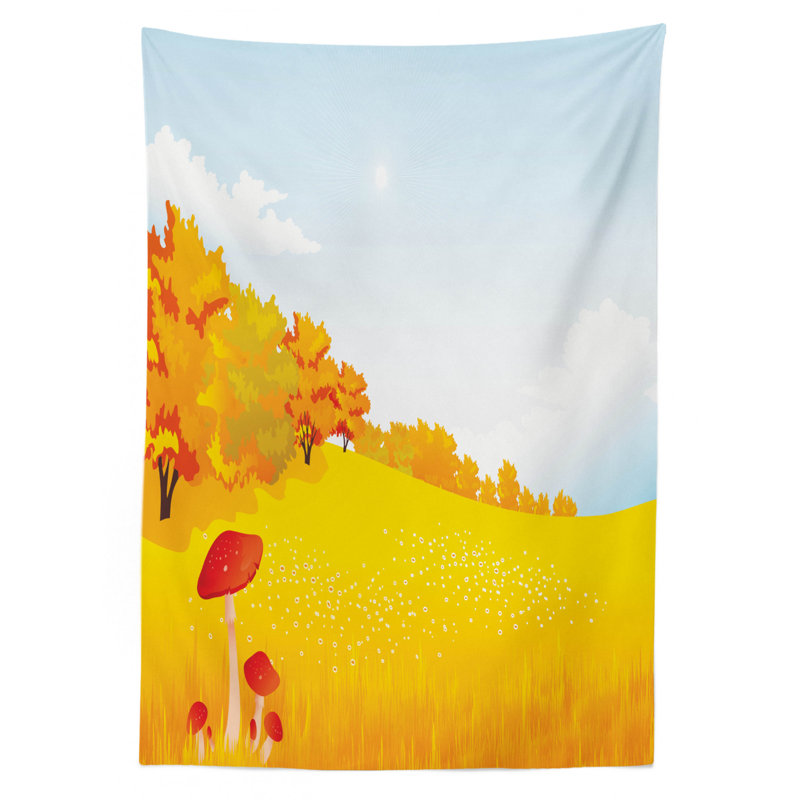 Ambesonne Mushroom Tablecloth, Fall Season Rural Landscape Wide Meadow On Sunny Day Farm Themed Nature Print, Rectangular Table Cover For Dining Room Kitchen Decor, 52" X 70", Orange Blue Red