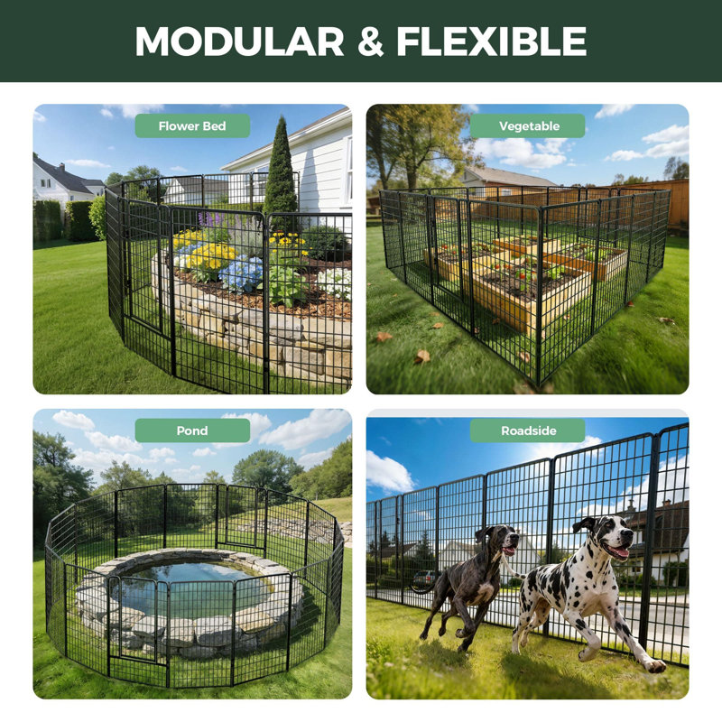 Clôture d'extérieur pour la cour pour l'extérieur de la cour - H 50 po x H 20,8 pi (L) barrière en métal robuste pour chien, clôture décorative sans creusage pour chien, 8 panneaux, noir