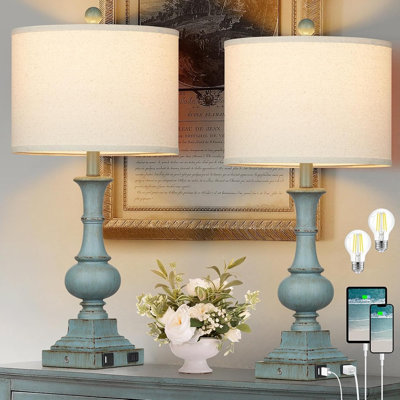 Table Lamps Set Of 2, 26" Vintage Rustic Touch Control 3-Way Dimmable Bedside Lamp With USB A+C Ports & AC Outlet, Blue Nightstand Lamp For Living Room Bedroom End Table(LED Bulbs Included)