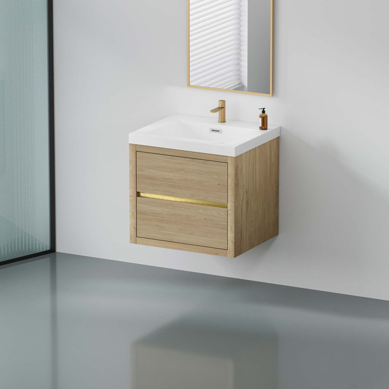Meuble-lavabo mural avec lavabo, armoire de rangement flottante avec comptoir en résine de pierre et tiroirs à fermeture en douceur