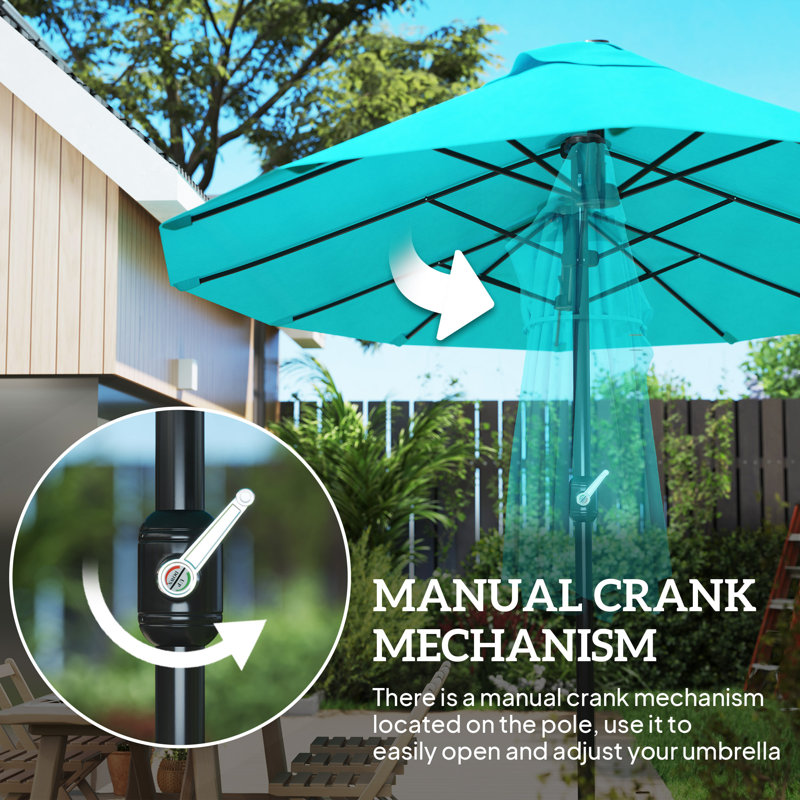 Très grand parasol d'extérieur à double face avec poignée à manivelle et bouches d'aération pour cour, terrasse, piscine, marché, bleu
