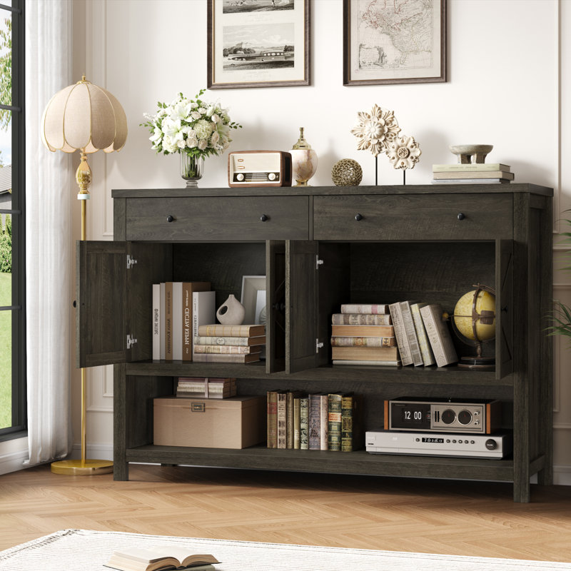 55.1"W Sideboard Buffet With Open Shelf And Drawers, Dark Brown