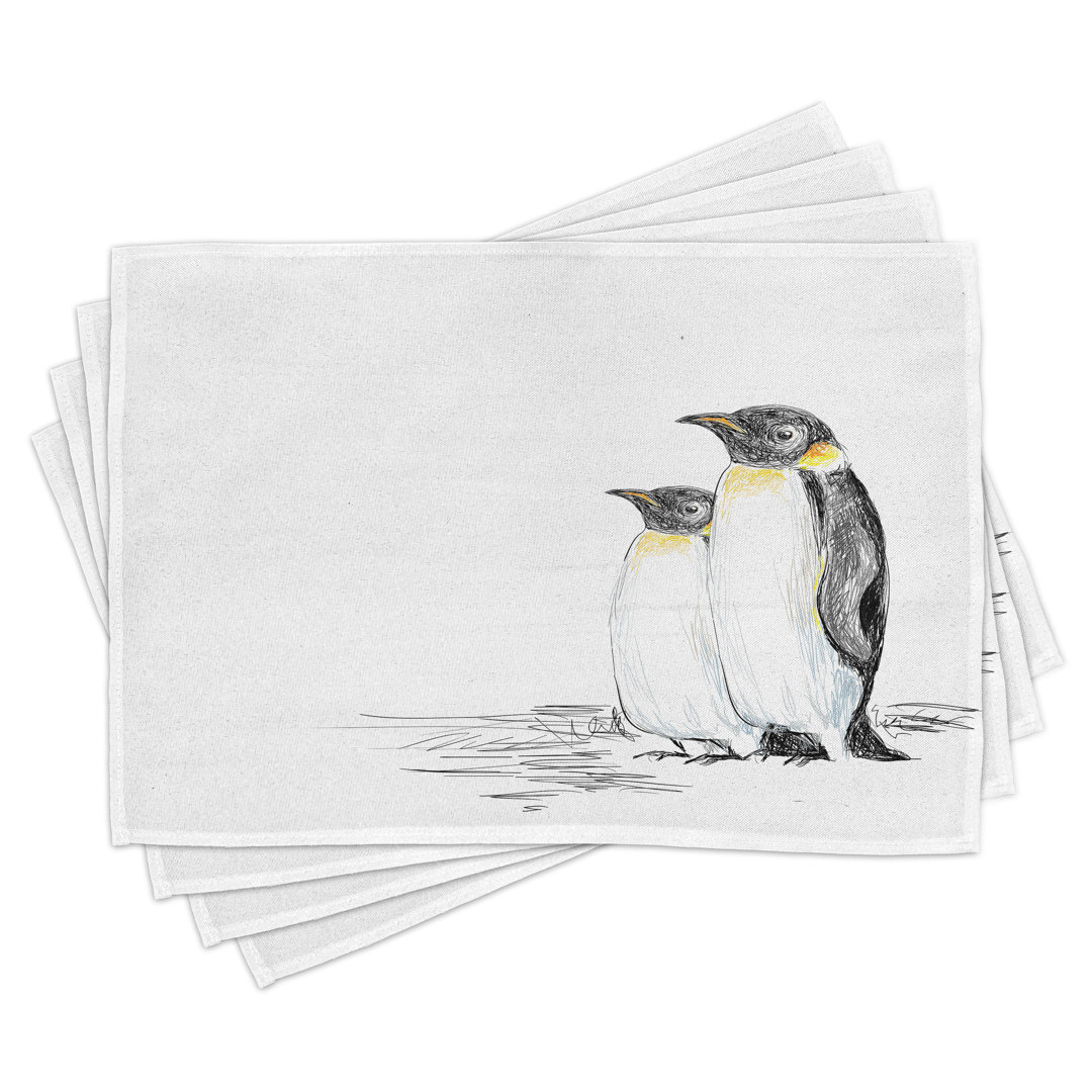 Platzdeckchen 4er Set, Handgezeichnete Pinguine, Schwarz Weiß