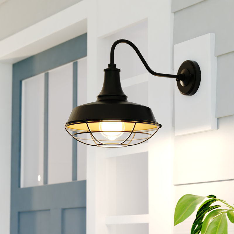 Applique murale industrielle d'extérieur 1 lumière en bronze foncé et doré clair à abat-jour à capteur de lumière H 10,25 po Martensdale, abat-jour en métal à col de cygne, compatible DEL pour porte de patio ou de garage