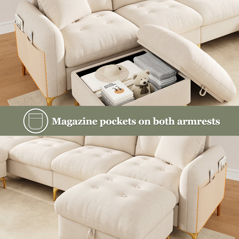 Chenille 4-seater U-shaped sleeper sofa with 2 storage ottomans, Beige Chenille