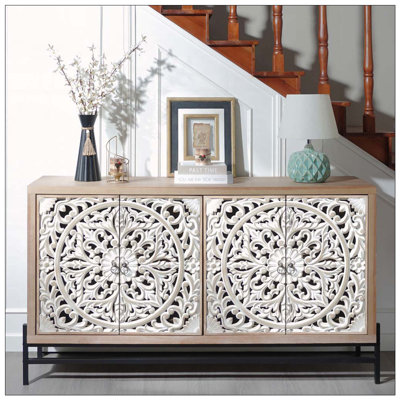 4 Door Wood Cabinet, Vintage Carved Wood 4-Door Cabinet with Metal Base Elegant Storage Sideboard