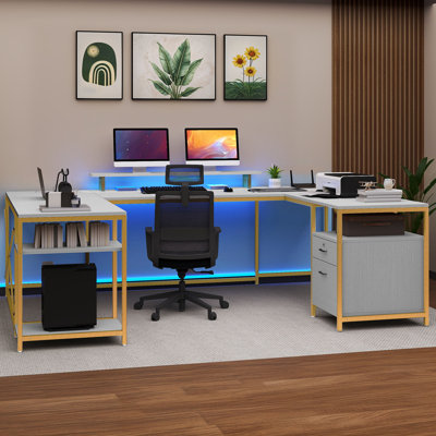  78.7'' U Shaped Reversible Desk With Power Outlets, LED Lights & Monitor Stand