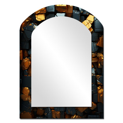 Grunge Gold Cubes Abstract Geometric VI - Tile Arch Decorative Mirror, Modern Asymmetrical Wall Mirror, Printed Metal Art