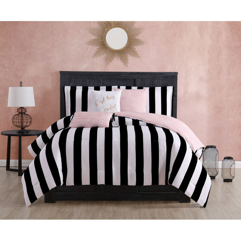 Juicy Couture Cabana Stripe Comforter Sets, King Comforter + 2 Shams + 3 Throw Pillows, Black/White