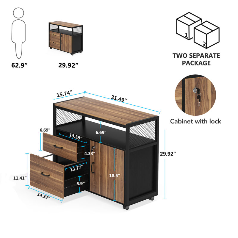 Walnut and Black Lockable File Cabinet with Drawers and Casters