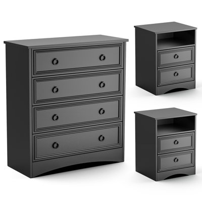  3 Piece Bedroom Set - 4 Drawer Dresser And Two 2 Drawer Nightstands,Black