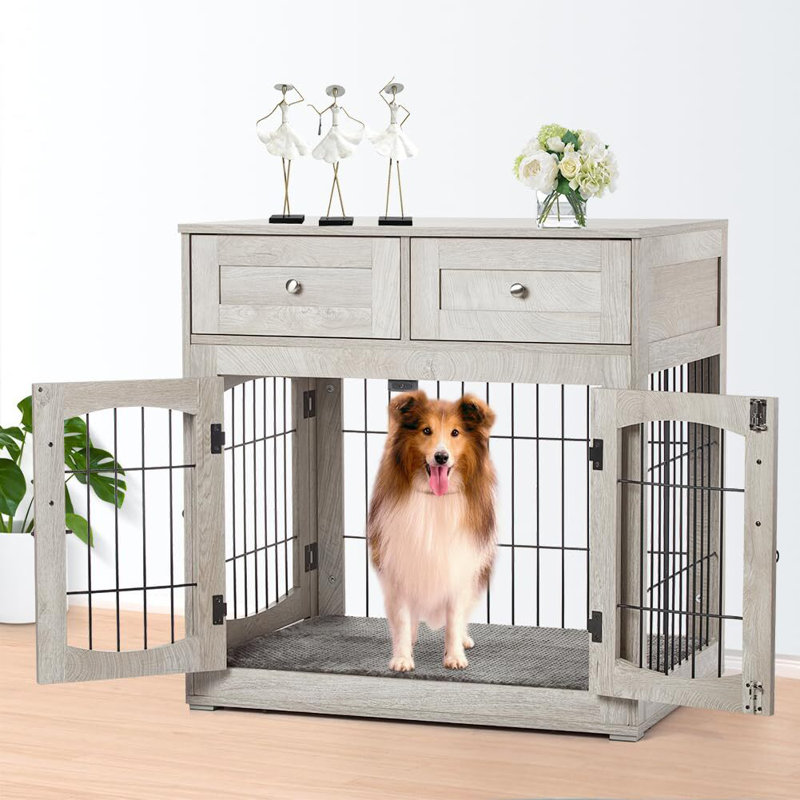 Mobilier pour cage de chien avec coussin, table en bois pour caisse de chien avec 2 tiroirs, Gris