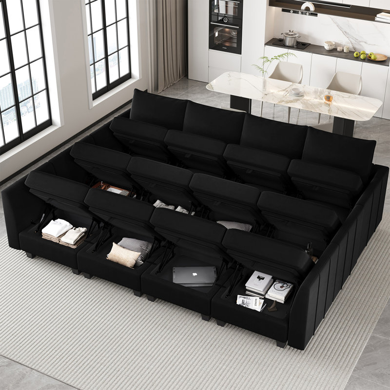 Très grand canapé-lit modulaire en forme de U Allison, Velours noir