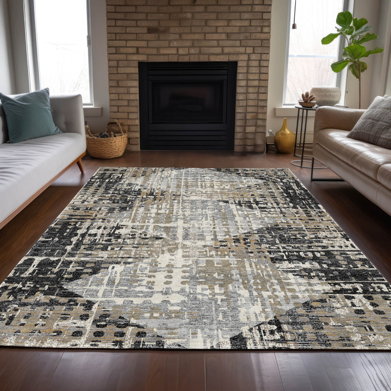 Tapis noir intérieur / extérieur lavable à la machine Xhevrie, Rectangulaire 3 pi x 5 pi