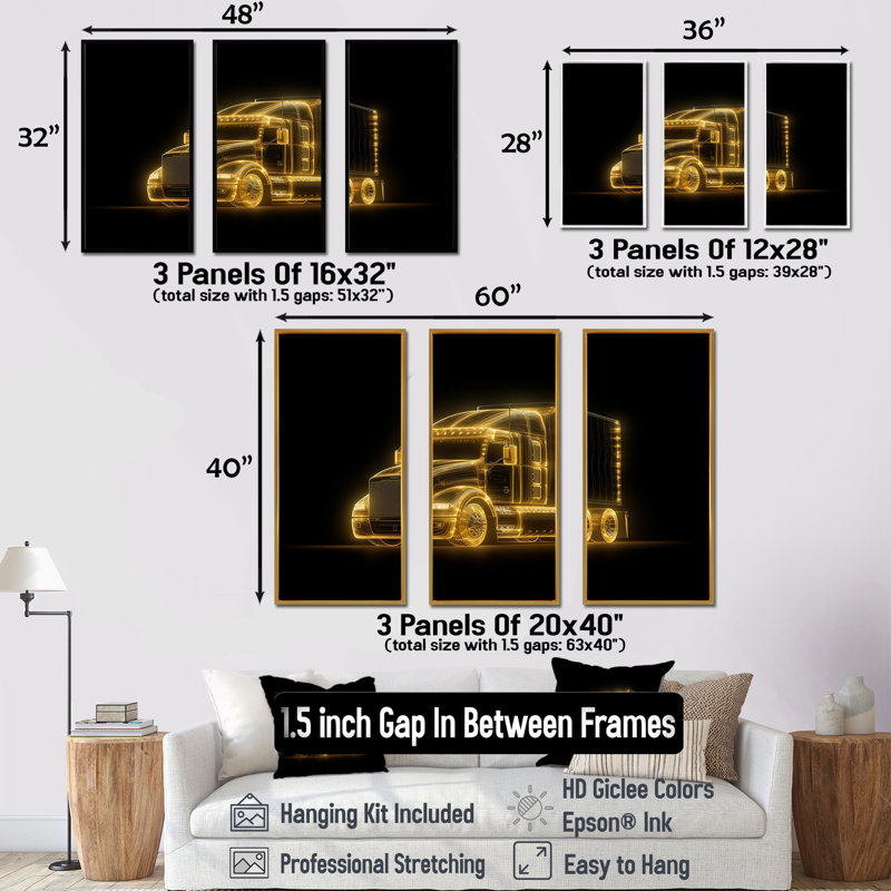 Neon Light Strips Trailer Truck - Car / Van, ensemble d'art sur toile, Cadre flottant noir, H 32 po x l 48 po x P 1 po
