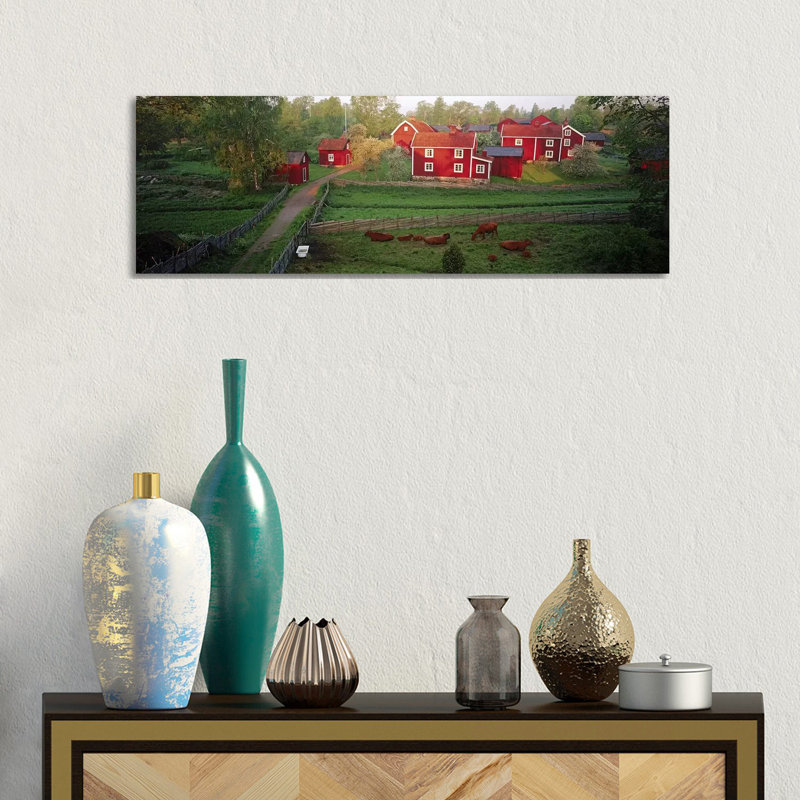 Traditional Red Farm Houses And Barns At Village, Stensjoby, Smaland, Sweden - Wrapped Canvas Panoramic Print