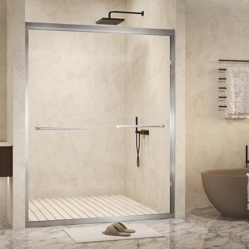 Tempered Glass With Explosion Proof Film,Aluminum Frame Double Sliding Shower Door,Stainless Steel Handle, Brushed Nickel 