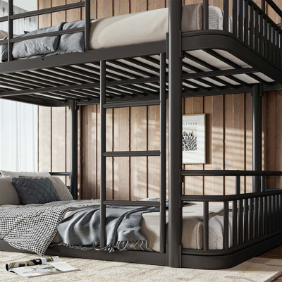 Full over Full Bunk Bed with Ladders & Guardrails, Upgraded Round-Pipe Metal Frame, Stylish & Versatile for Any Room, Teens & Adults, Black