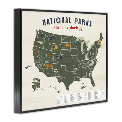 Carte des parcs nationaux avec clé numérotée États-Unis, art texturé noir sur toile par Daphne Polselli