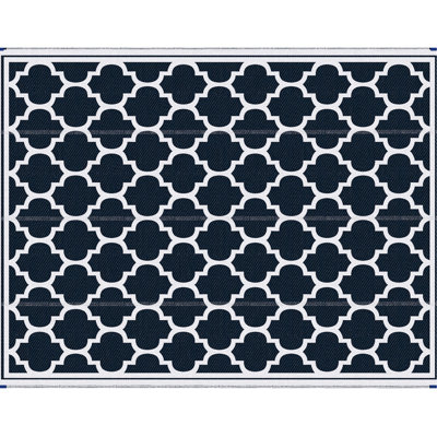Tapis d'extérieur réversible, 2,74 m x 3,66 m, bleu et blanc. Portable, idéal pour le VR et le camping, avec sac de transport. Créez une ambiance confortable dans votre cour, sur votre terrasse, pour un pique-nique ou à la plage. Imperméable et livré avec un sac pour camping-car. Parfait pour profiter pleinement de vos vacances.