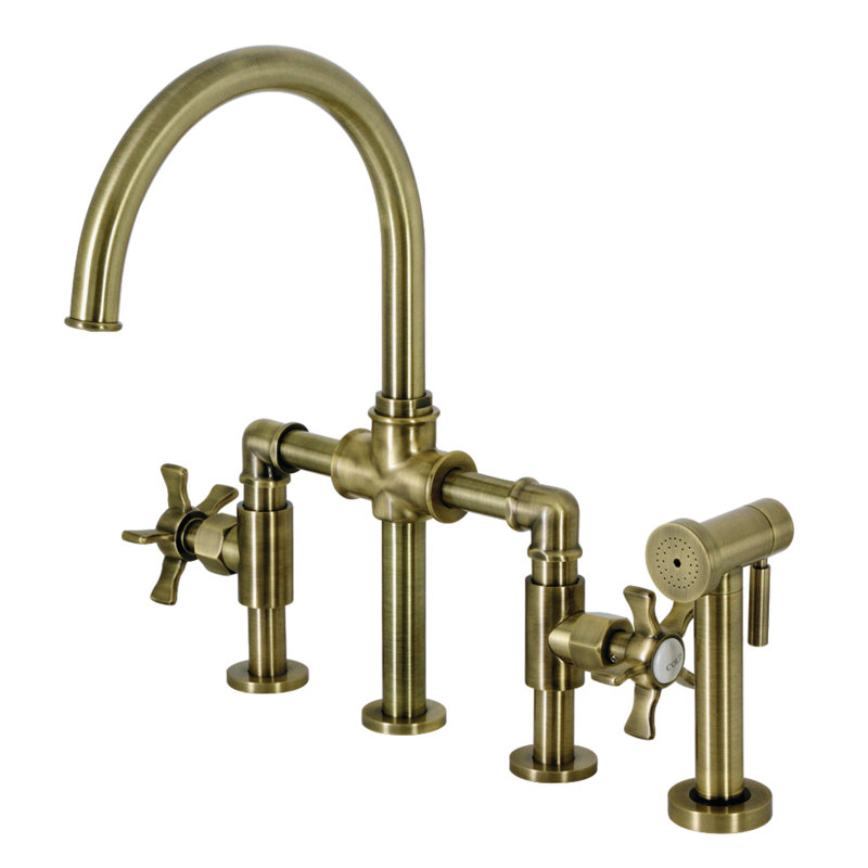 Kingston Brass Two-Handle 4-Hole Deck Mount Industrial Style Bridge Kitchen Faucet with Brass Side Sprayer, Antique Brass